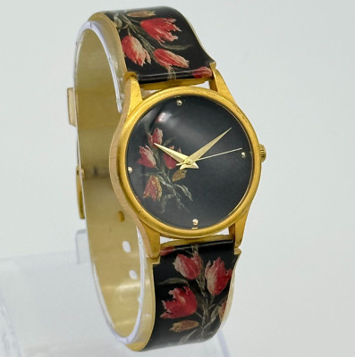 Ladies MMA Metropolitan Museum of Art MET Gold Tone Black Floral Rose Watch 31mm