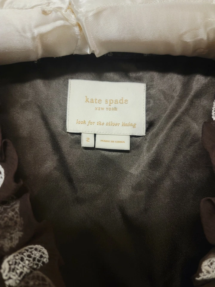 Vestido Kate Spade Piña Bordado Envolvente Marrón Seda Manga Gorra Volantes Talla 2 Foto 4 de 4