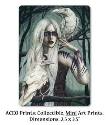 Gothic Fantasy Art ACEO PRINT White Ravens Birds Shaman Trees Forest Teal ATC