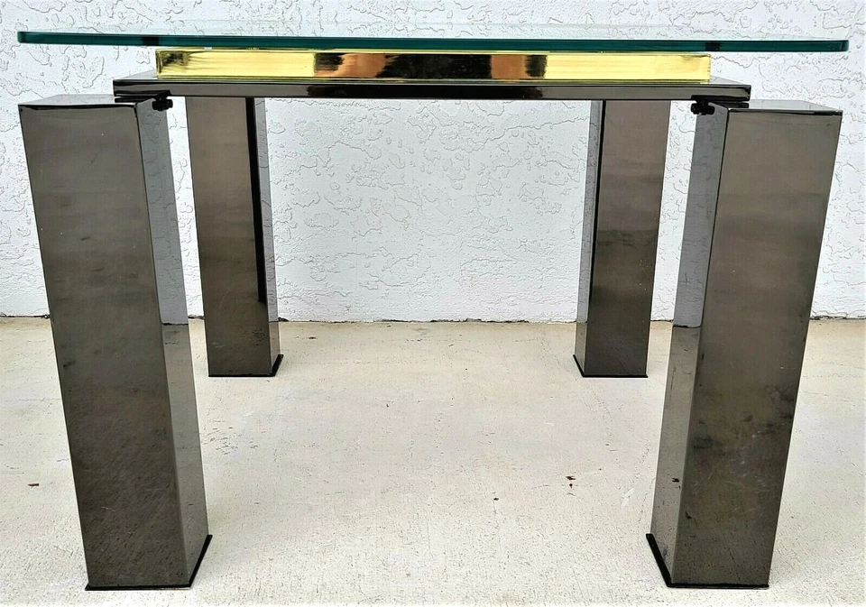 MCM Milo Baughman Style Italian Black Chrome Brass Glass Coffee Side End Table - Image 2 of 4