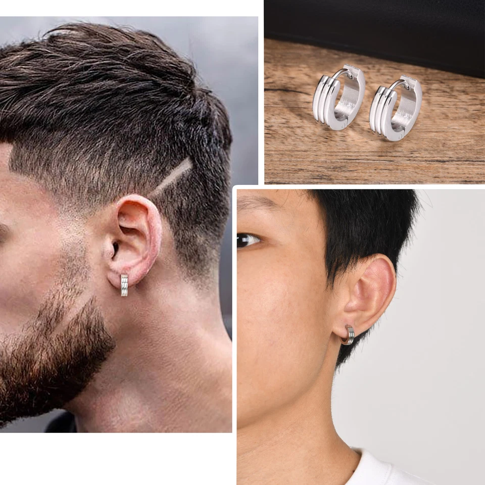 Pendientes de aro acanalados para hombre niño, acero inoxidable antialérgico oreja gótica joyería Foto 3 de 4