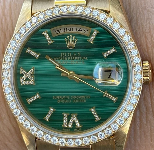 Rolex 36mm President 18238 18K Gold Malachite Diamond Dial Diamond Bezel Mint
