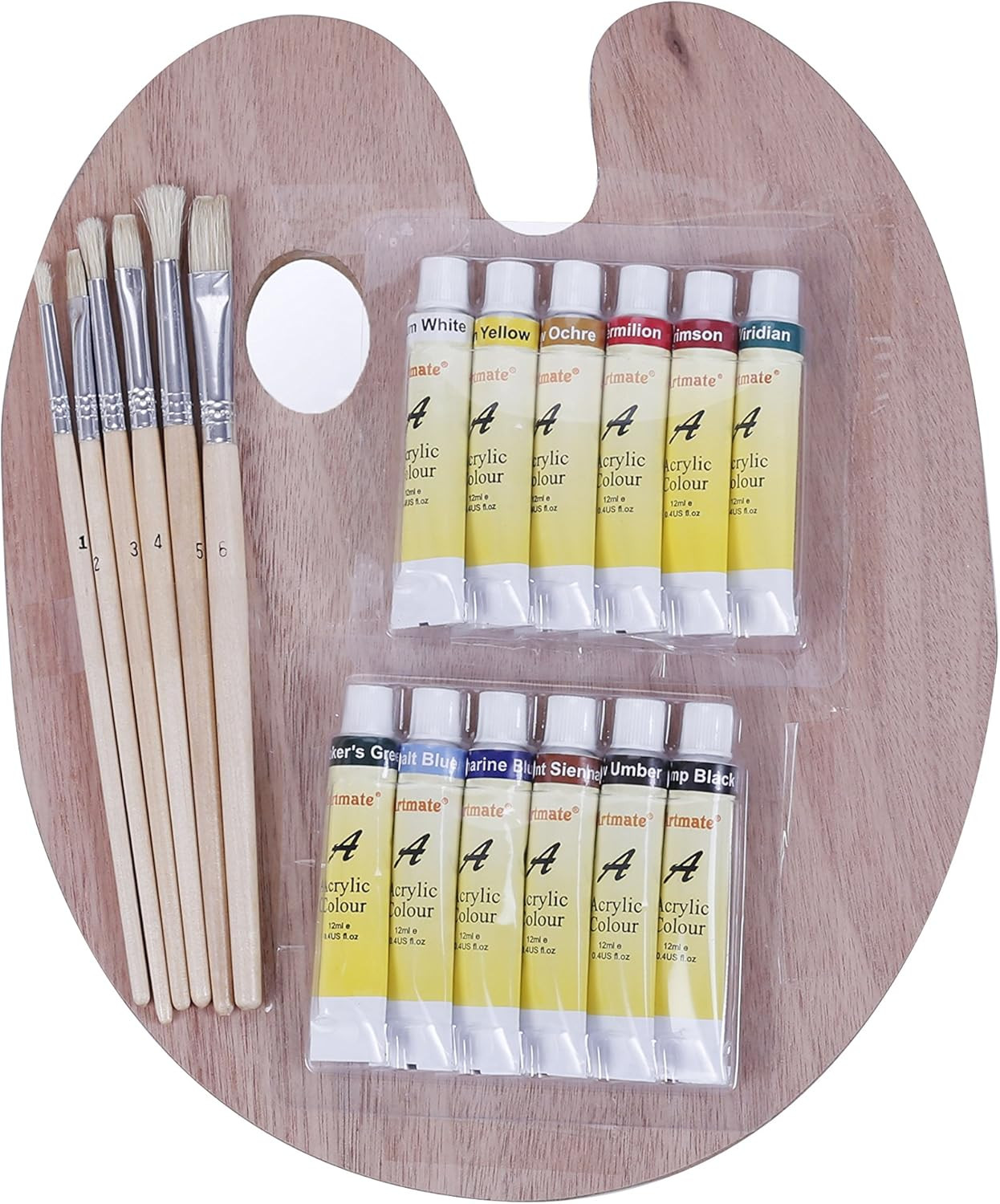 Acylic  Paint ,  Brushes &  Palette  Set -  12  X  Acrylic  Paints ( 12Ml ),  6