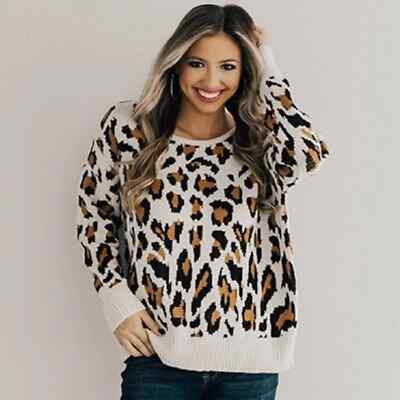 Miracle M/L womens leopard print long sleeve open back sweater beige brown  black