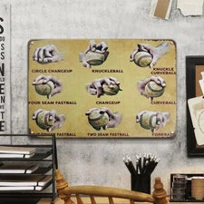 Baseball Pitching Grips and Baseball Skills Tin Signs Retro Wall Art Bar Decor