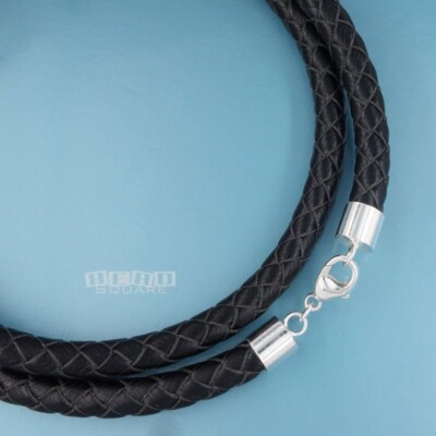 Sterling Silver 6mm Black Braided Round Genuine Leather Cord Necklace  Bangle