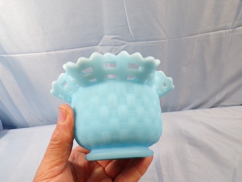 Fenton Blue Satin Glass Open Edge Basketweave Bowl Candy Dish INV2 - Picture 5 of 6