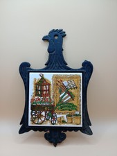 S H Japan Chicken Rooster Cast Iron Frame Ceramic Tile Trivet Country Farmhouse