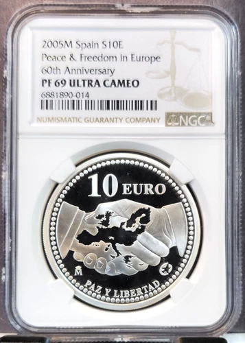 2005 SPAIN SILVER 10 EURO PEACE & FREEDOM NGC PF 69 ULTRA CAMEO RARE TOP POP 1