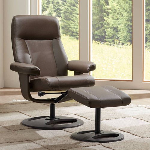 Bruce Chocolate Faux Leather Swivel Recliner and Ottoman