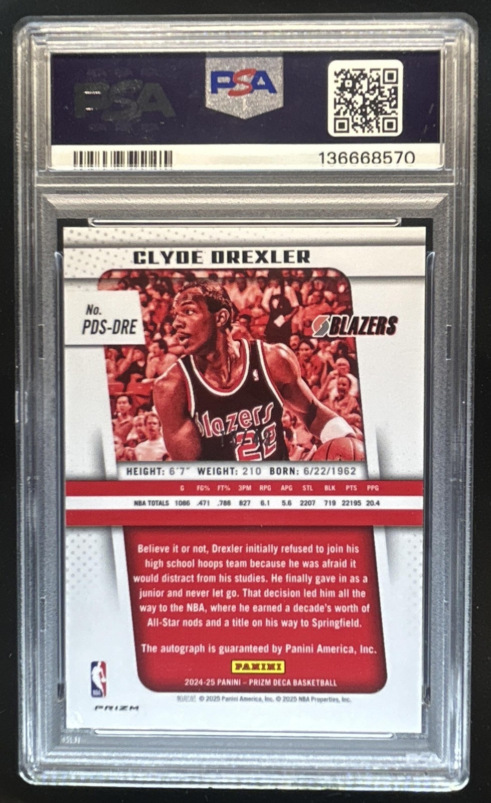2024-25 Panini Prizm Deca Clyde Drexler Signatures Blue Prizm Auto #/49 PSA 10 view 2