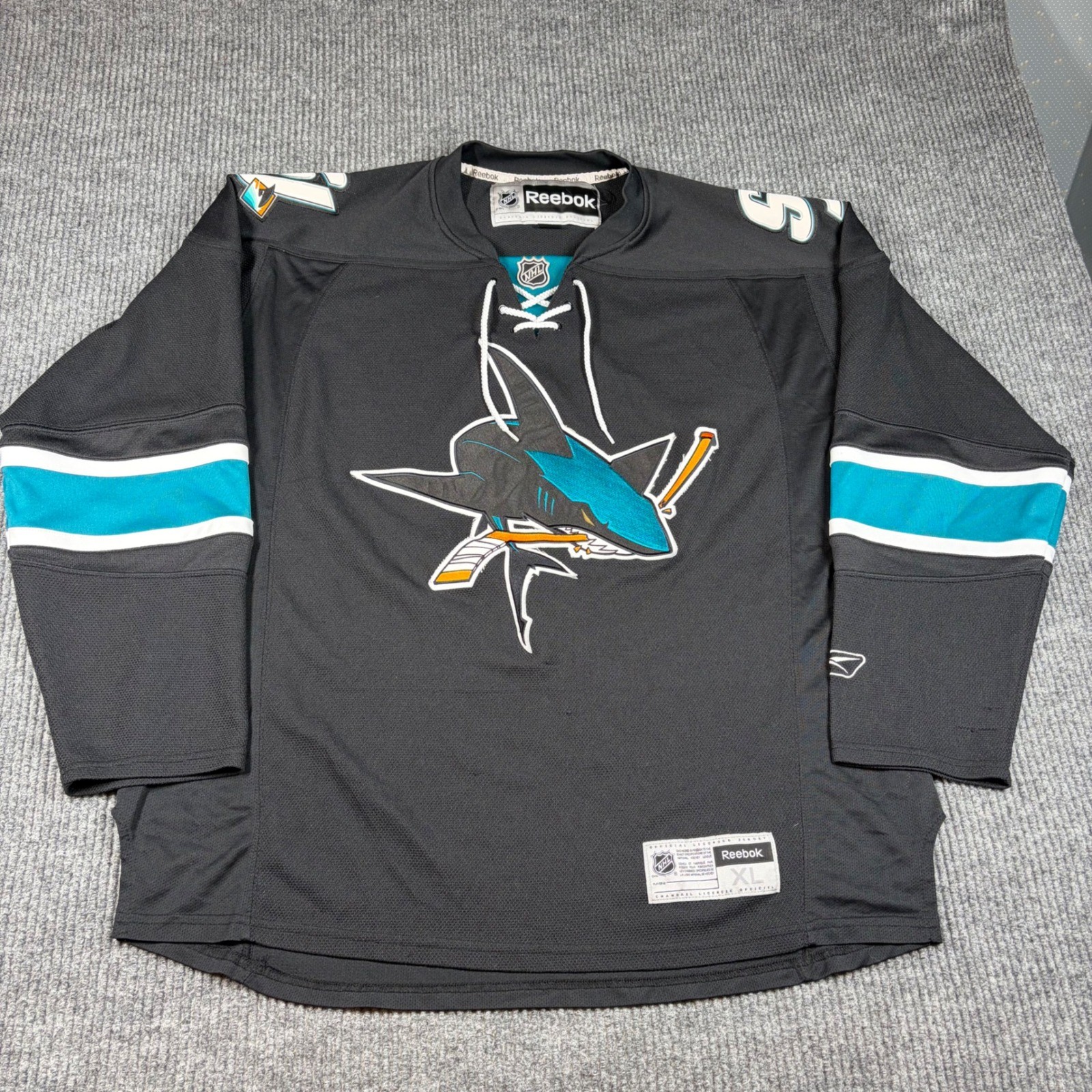Reebok San Jose Sharks NHL Hockey Jersey Men XL Black Teal Lace Up Strap Premier