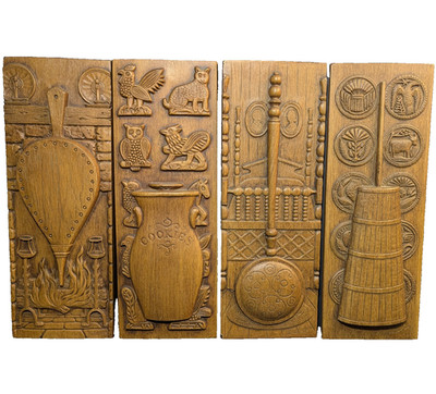 Rare Vintage 1962 Burwood Arabesque Faux Wood Sculpted Set of 4 Wall Hangings