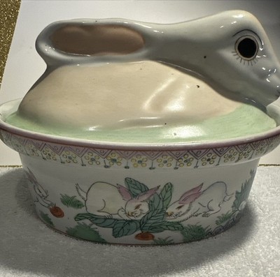 Vtg ASIAN Pottery 3D Oval Nesting Rabbit Lidded Dish Tureen Easter Decor