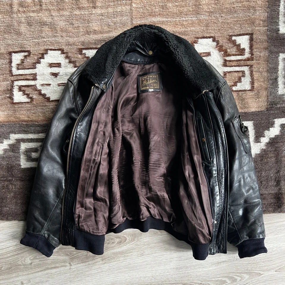 Vintage Redskins Type B-32 Leather Bomber Jacket Black Shearling Collar XXL - Image 3 of 4