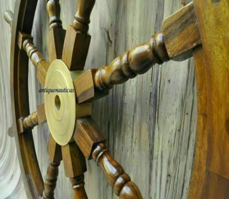 36 Inch Big Ship Steering Wheel Wooden Antique Teak Brass Nautical Pirate Ship's - Image 3 of 4