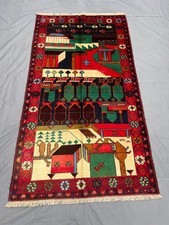Alfombra vintage de lana anudada a mano paisaje escena pueblo tribal pictórica 3'4x6'3 pies