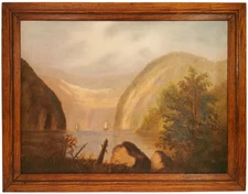 MID-19tTH C. HUDSON RIVER at WEST POINT, NY AMERICAN ANTIQUE UNSGND O/C, OAK FRM