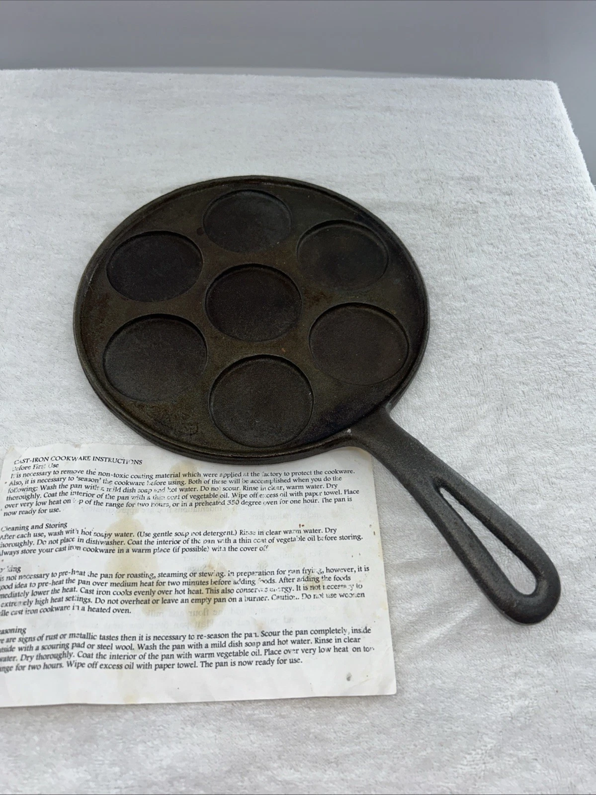 Vintage Cast Iron Plett Swedish Pancake Pan 7 Wells 9.5” Diameter W/instructions