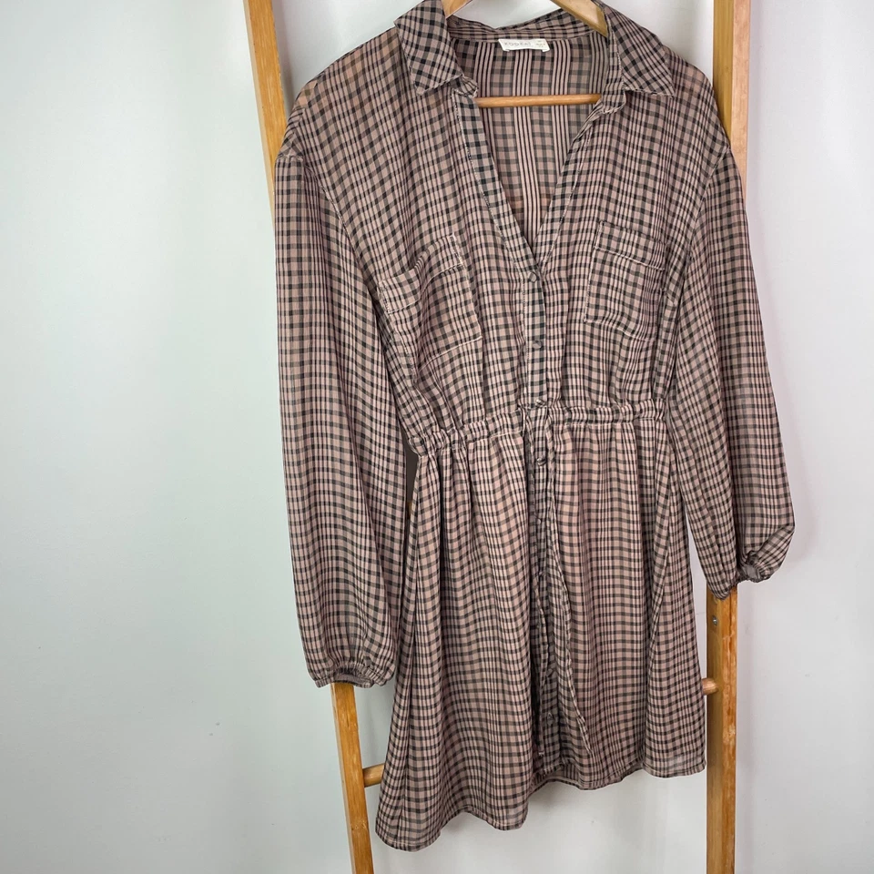 Kookai Shirt Dress Womens 36 Beige Black Check Knee Length Long Sleeve Button Up — 第 2/4 张图片