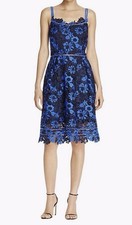 T Tahari Lucille Floral Lace Dress Sz 8 Blue Black Embroidery Jagged Hem Party