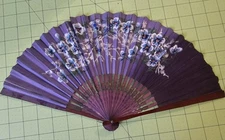 Vintage Purple Asian Handpainted Purple Folding Fan Birds Flowers Blossoms 