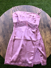 Pink Satin Slip Dress with lace trim. Womens size small. Slit on bottom left