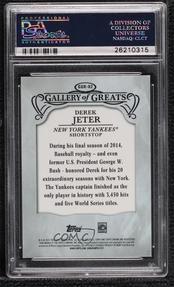 2015 Chrome Gallery of Greats Gold Refractor /50 Derek Jeter PSA 10 GEM MT HOF - Image 2 of 2