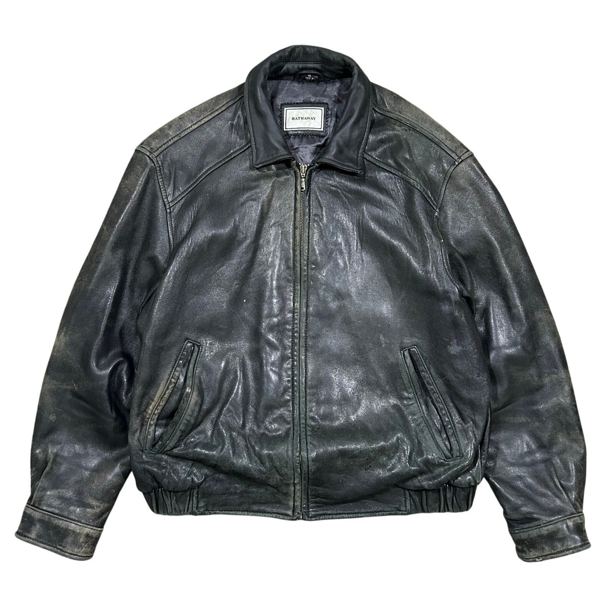 Vintage Hathaway Distressed Leather Bomber Jacket Mens XL Black