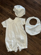 Vintage Set 3 Boys Christening Layette With Cap Bib Baptism USA 6-9 Months