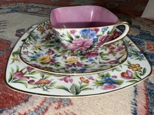 Lenwile-Ardalt Occupied Japan 6168 Floral Chintz Square Cup & Saucer Plate MCM