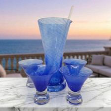 Art Glass Martini Pitcher Set Dansk Blueberry Twist Blue Swirl 6Pc Stirrer 10"