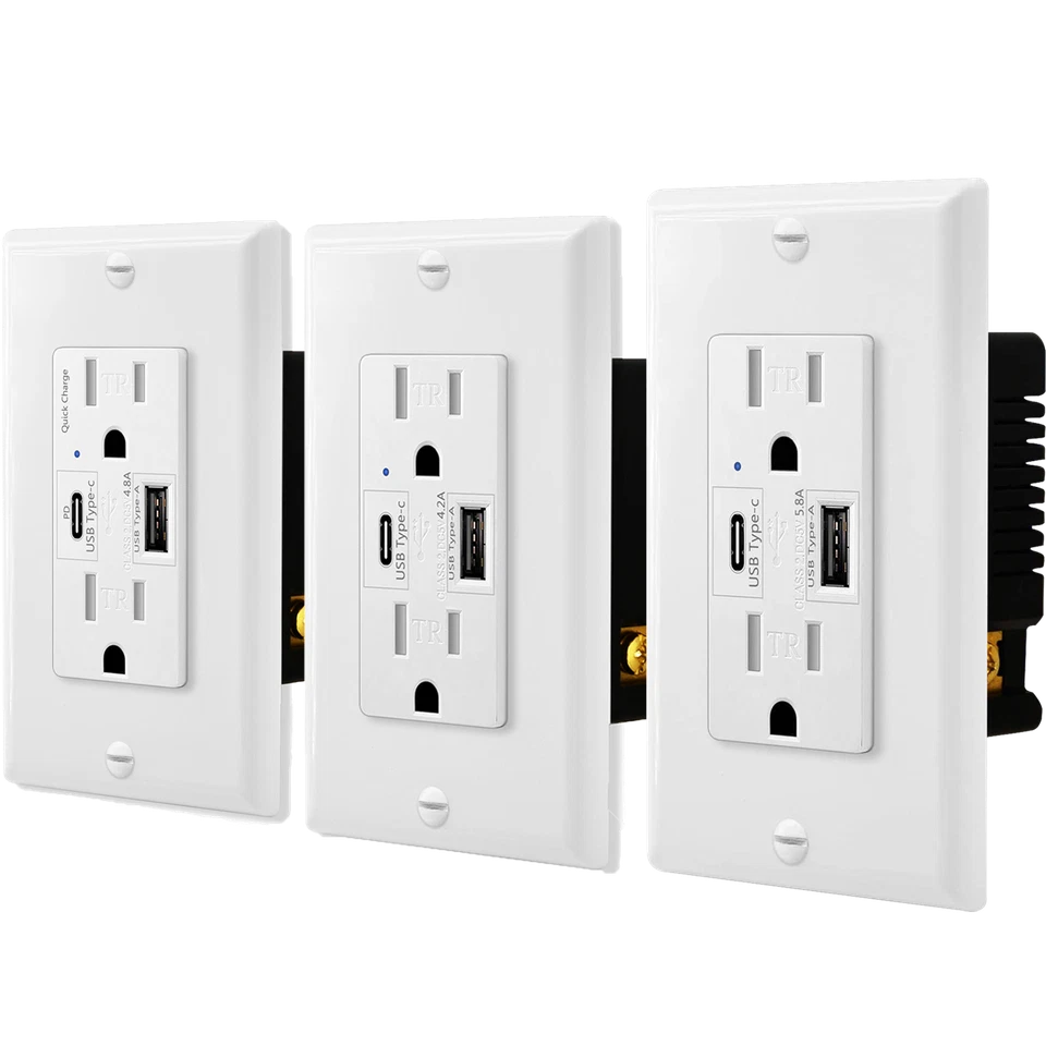 Placa receptáculo elétrica resistente a adulteração carregador tomada de parede USB tipo C dupla - Imagem 2 de 4