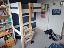 Children’s Single Loft Bed Frame with Ladder, White & Natural Wood, Painted