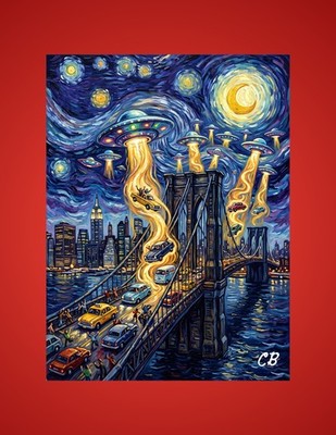 UFO Abduction Brooklyn Bridge ACEO | Sci-Fi Folk Art | Van Gogh NYC Saucers