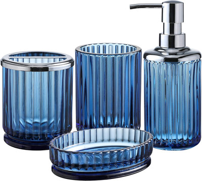 4Pcs Heavy Weight Decent Blue Glass Bathroom Accessories Set with Decorative Pre