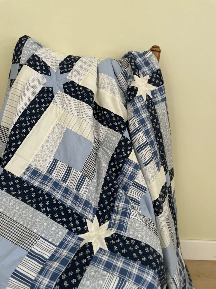 Large Patchwork Quilt 86x100 Navy Blue White Cottage Blanket - Image 3 of 4