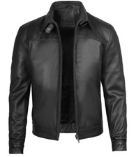 Men's 100 Real Leather Sheepskin Black Harrington Biker Leather Jacket Shirt