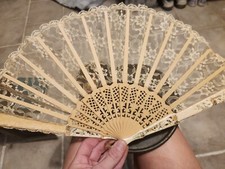 Antique Victorian Hand Fan Carved Plastic, Lace Sequins Gold Threads Old 1900's