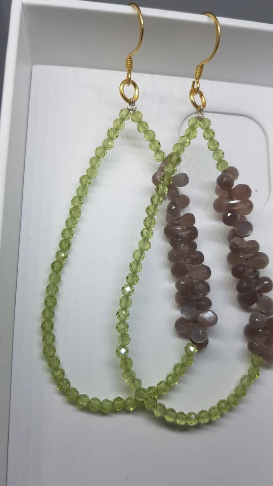 Pietra di luna e peridoto gemma in argento sterling 925 orecchino gioiello re... - Immagine 3 di 4