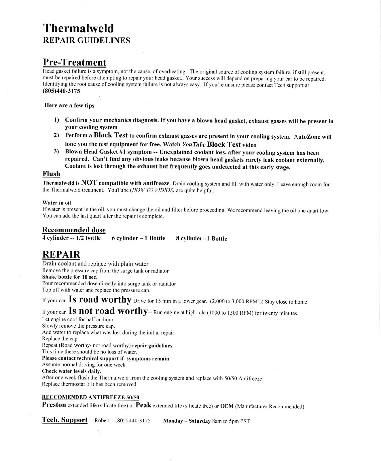 Thermalweld Engine Head Gasket Sealer Repair For 4, 6, and 8 Cylinder
