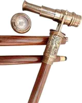 Antique Brass Telescope Compass Walking Stick Cane Vintage Wooden Handle