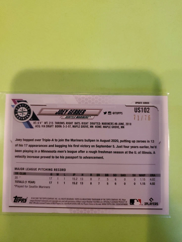 Joey Gerber 2021 Topps Update Series Red Stars /76  US102 Mariners - Image 2 of 3
