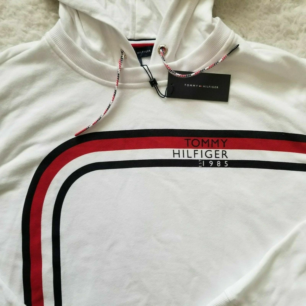 TOMMY HILFIGER Men s Signature Tape Logo French Terry Hoodie White