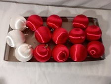 VINTAGE Red Satin Christmas Balls 3 White COLOR SILK STRING SHEEN 14 ORNAMENTS