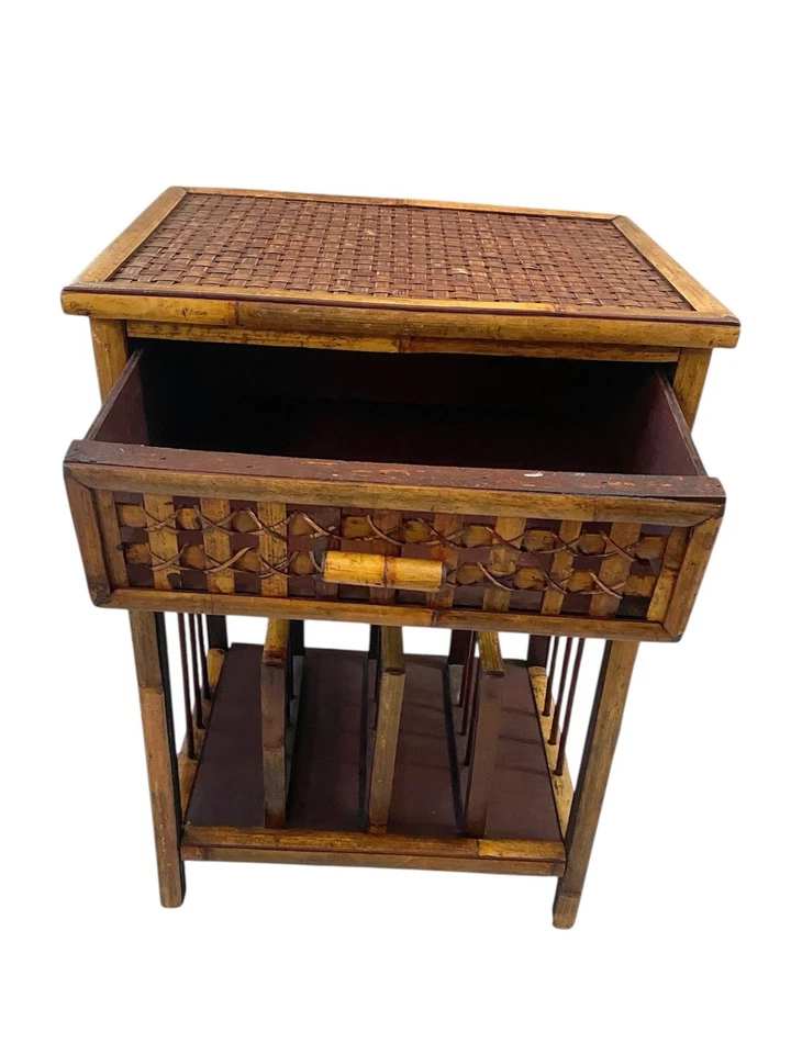 1 Vtg Boho Bamboo Rattan Wicker End Side Table W/Magazine Rack &Drawer Plant Sta - Image 3 of 4