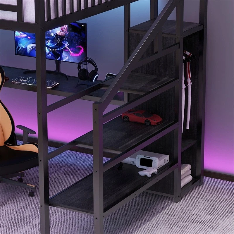 Queen Metal Loft Bed w/Wardrobe,LED Light,L Shaped Desk and USB for Teens Adults - Image 4 of 4