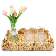 Rectangle Scalloped Serving Tray with Handles-Wicker Rattan Tray for Home Boh...