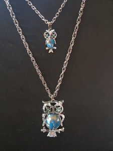 Vintage Faux Turquoise Mama & Baby Owl Double Strand Necklace