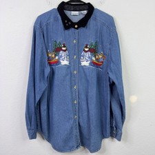 Vintage Bobbie Brooks Shirt Women XL Denim Embroidered Christmas Snowman Festive